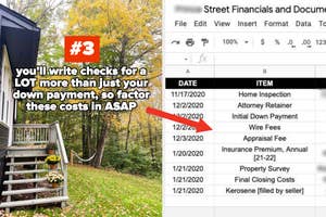 #3: you'll write checks for a LOT more than just your down payment, so factor these costs in ASAP; arrow pointing to a screenshot of a spreadsheet with many different payments over the course of a home purchase
