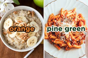 On the left, some oatmeal topped with walnuts and banana slices labeled orange, and on the right, some penne bolognese labeled pine green