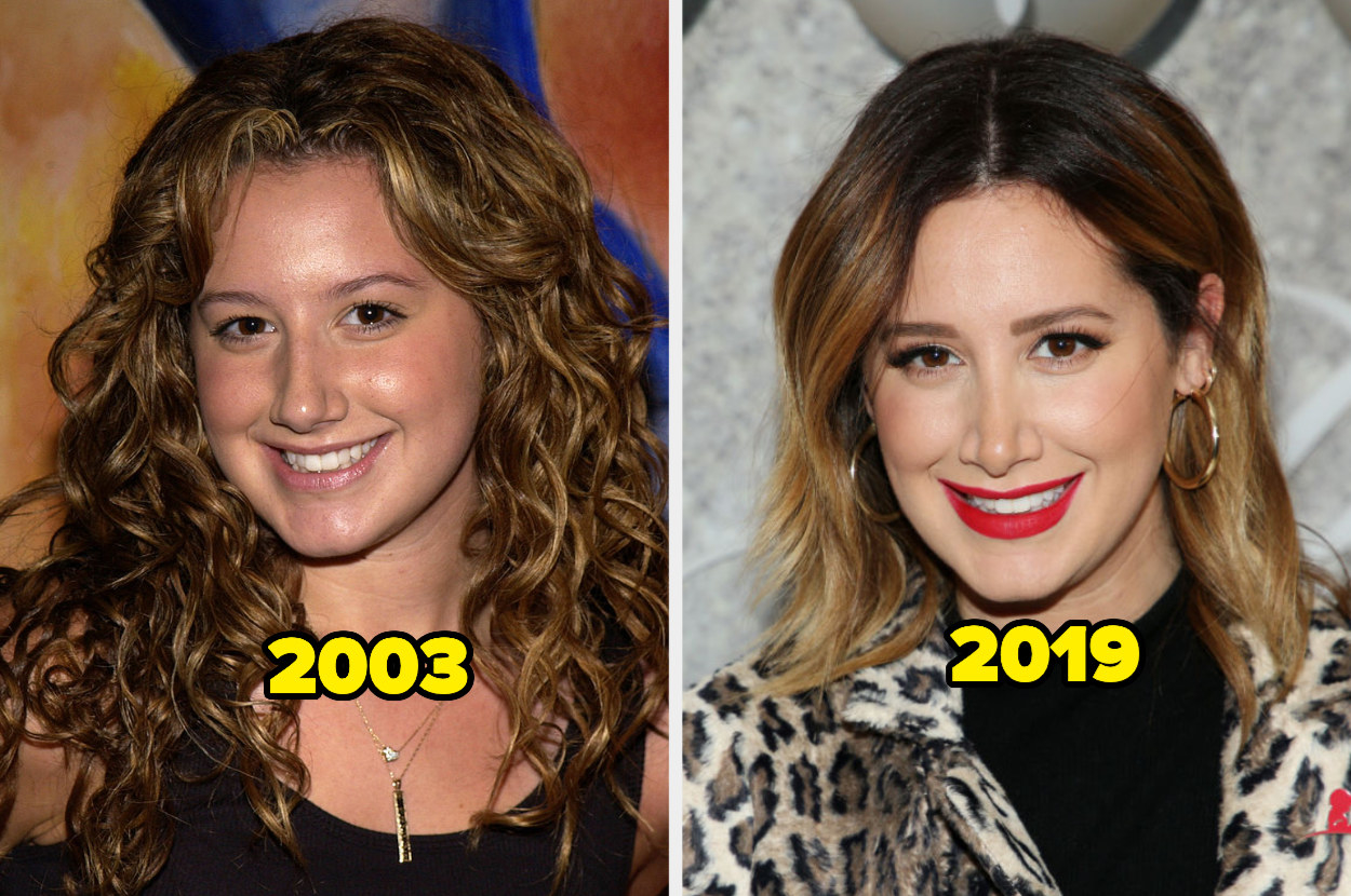 A photo of Ashley Tisdale with her natural hair color in 2003 and 2019