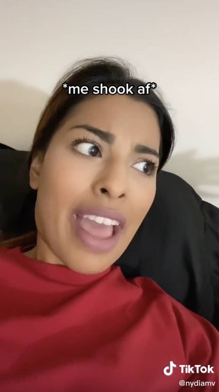 Nydia describing her story on TikTok with the caption &quot;*me shook af*&quot;
