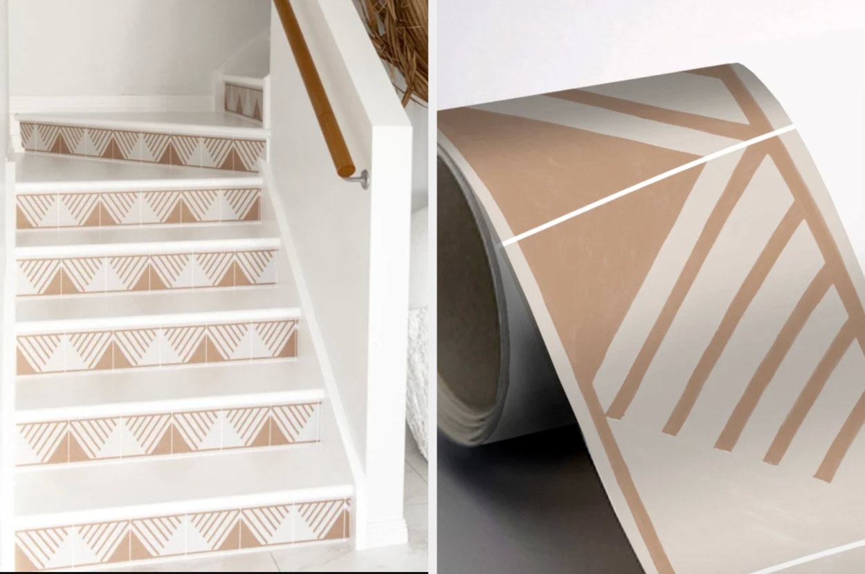 The stair riser stickers in beige and white are shown applied to a set of stairs