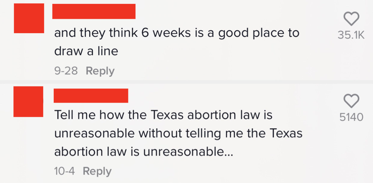 Comments on Nydia&#x27;s TikTok saying &quot;tell me how the texas abortion law is unreasonable without telling me the Texas abortion law is unreasonable