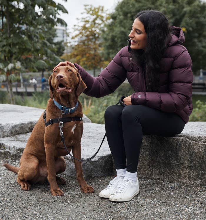 A person petting a dog while wearing sneakers, leaggings, and a puffer jacket