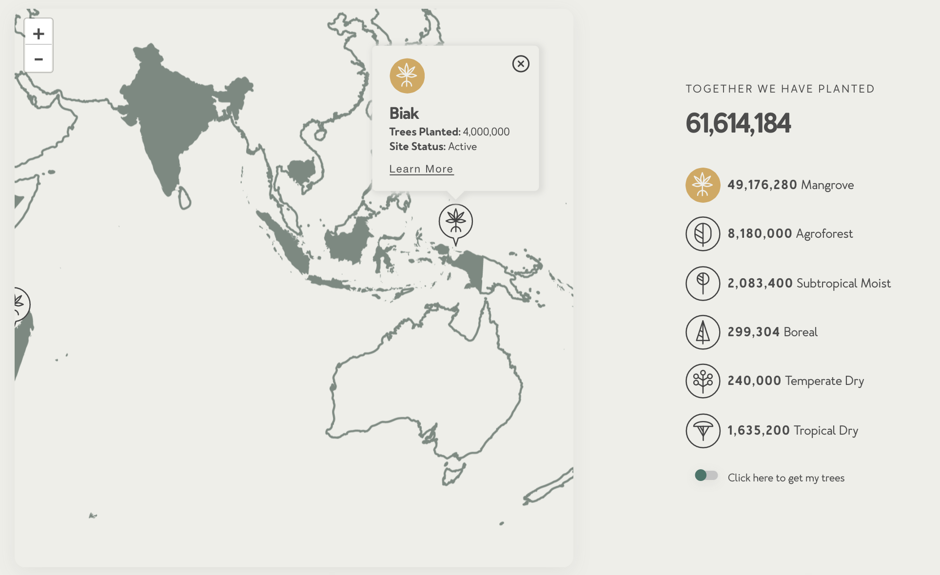 A map showing the trees that have been planted across the globe