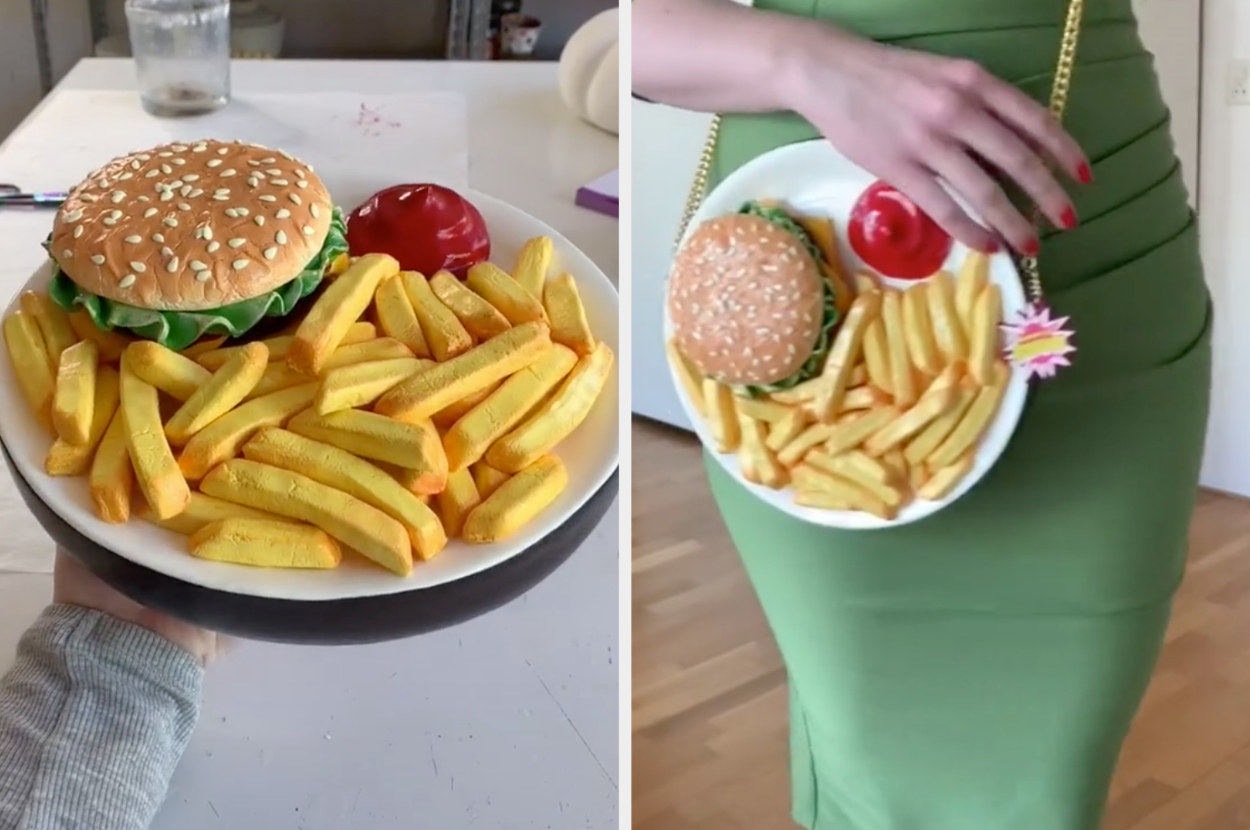 A purse that resembles a plate that has a burger, fries, and ketcheup