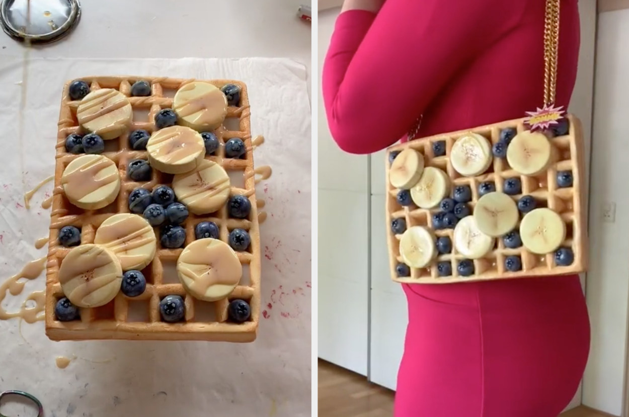 Rommy wears a handbag that resembles a giant waffle covered in syrup, banana slices, and blueberries