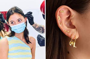 person getting ear pierced, an ear with various earring studs and huggies on it