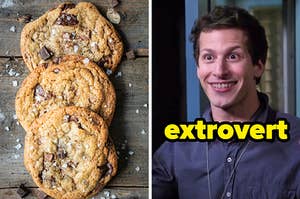 On the left, some chocolate chunk cookies topped with flaky sea salt, and on the right, Jake from Brooklyn Nine-Nine with a smile on his face and eyes open wide labeled extrovert