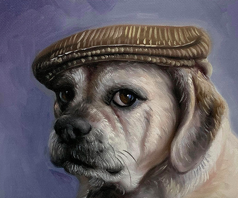 a serious-looking dog wearing an english-style cap