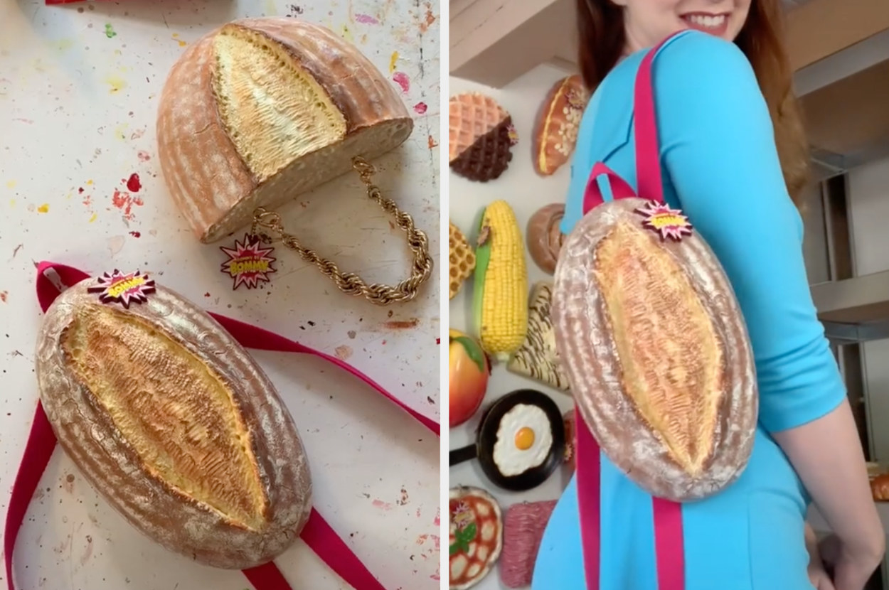 A purse that resembles a fresh sourdough bread and another one that is a loaf cut in half