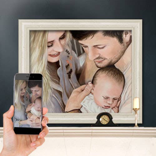 someone holding up a phone with a family portrait comparing it to the painting on a mantle