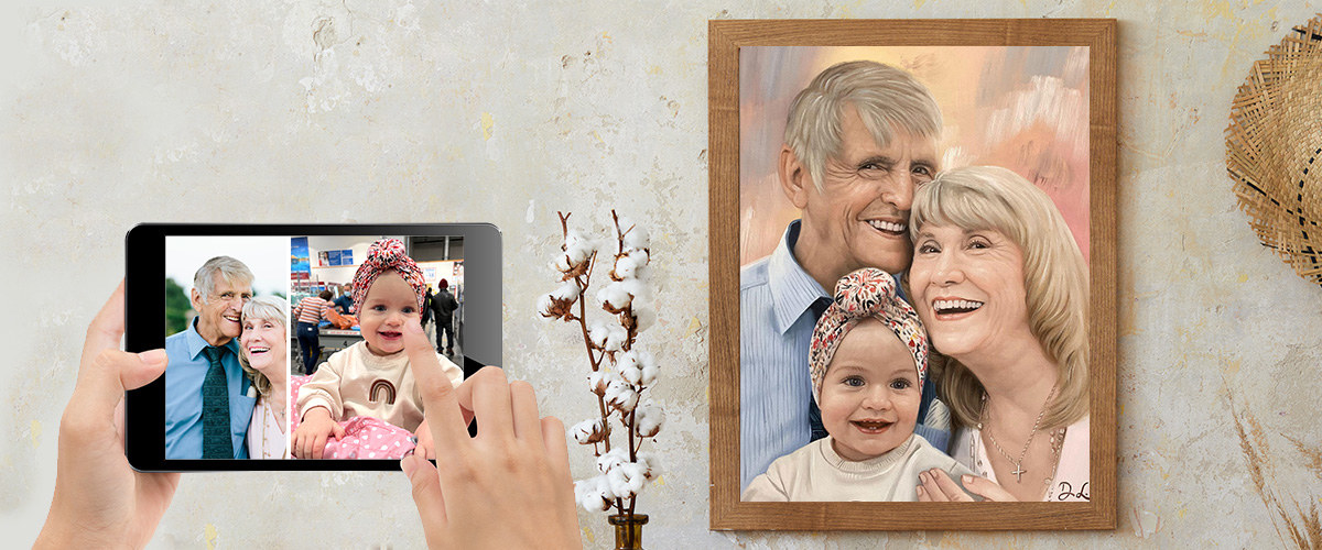 a compilation painting of two grandparents with their baby grandchild