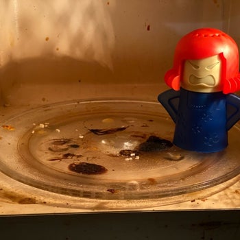 Reviewer photo of the Angry Mom inside a dirty microwave