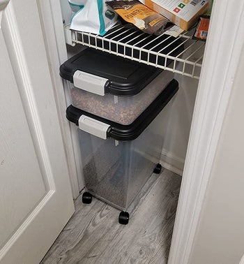 The stacked food containers shown inside of a pantry
