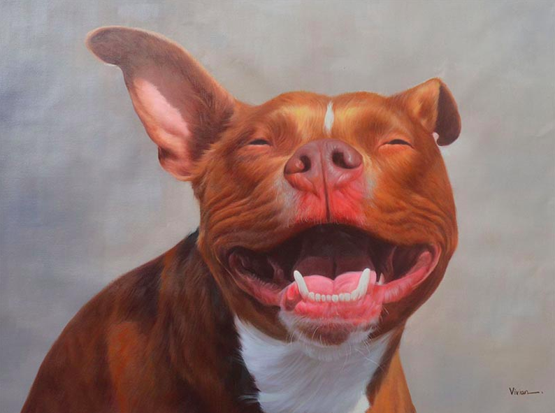a goofy painting of a dog smiling with its ears flapping around
