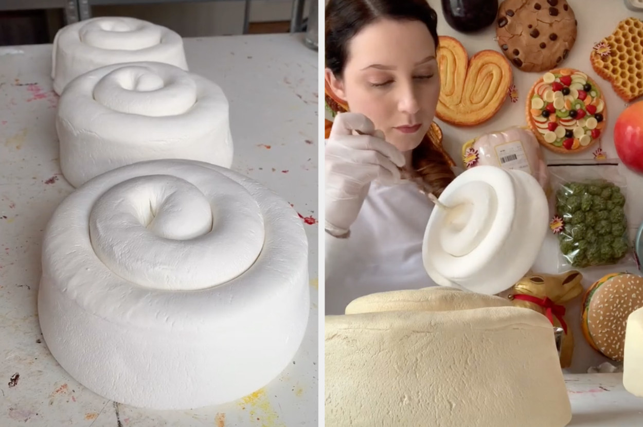 Rommy paints giant cinnamon rolls which were made from white clay