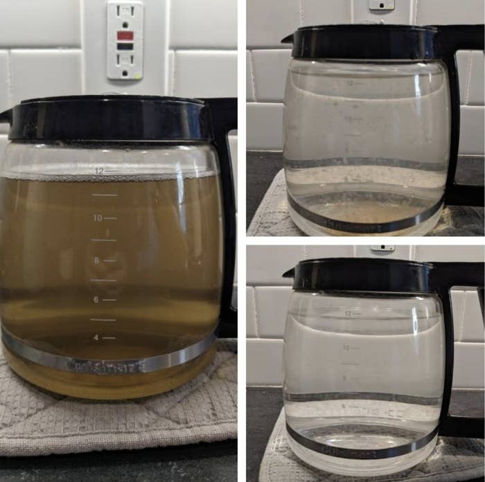reviewer photo showing the water in their coffee pot extremely dirty prior to using the cleaning powder