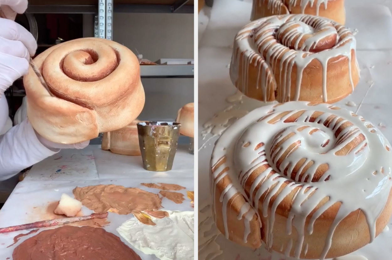 She continues painting a cinnamon roll, adding color next to the finished product: glossy cinnamon rolls with tons of glaze
