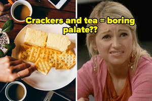 An overhead shot of mugs of tea surrounding a plate of crackers and a close up of a woman looking disgusted