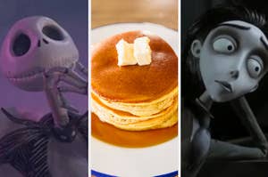A close up of Jack Skellington as he looks up at something off screen, a stack of pancakes with butter on it, and a close up of Victor Van Dort as he holds his head in his hand