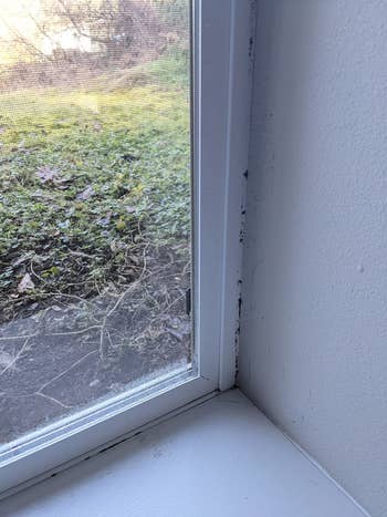 Reviewer photo showing dirty caulk along a window