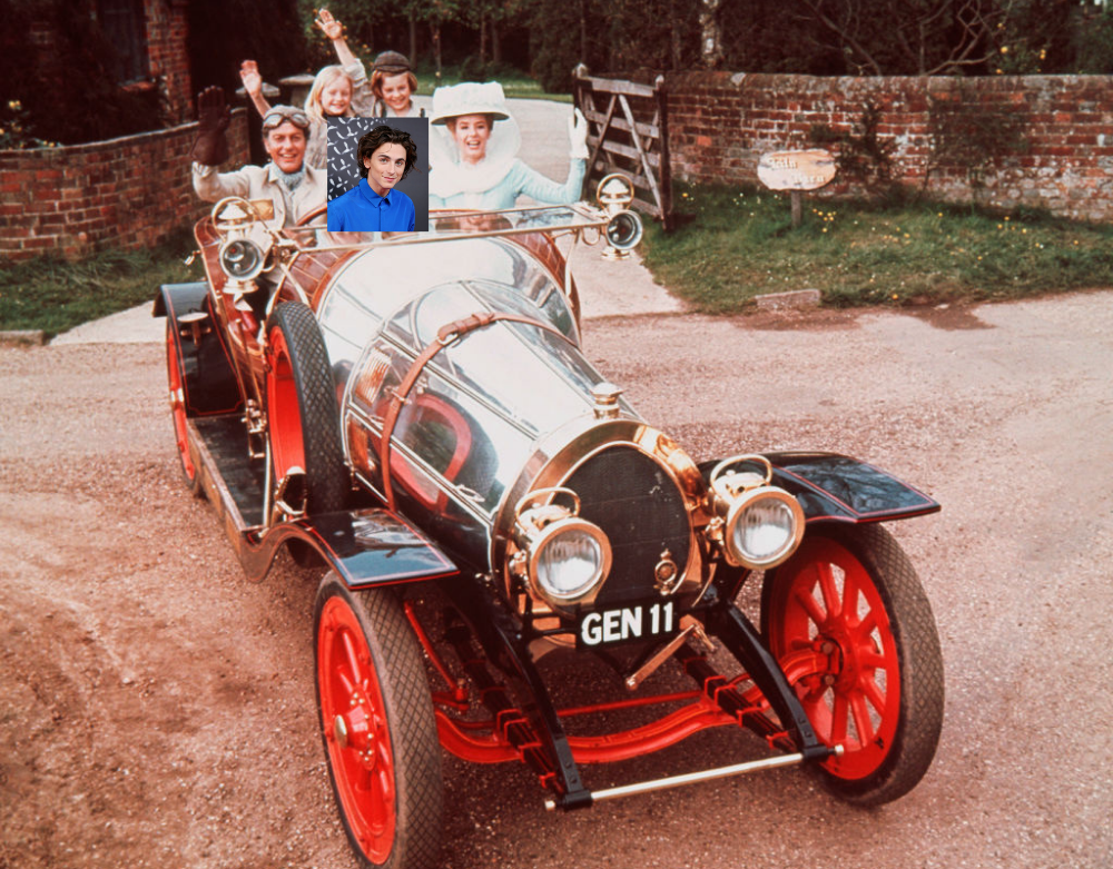 Timmy&#x27;s photo superimposed into a photo of a scene from the movie with everyone riding in the Chitty Chitty Bang Bang car