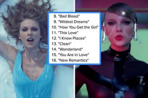taylor in the out of the woods video on the left and the bad blood music video on the right and a list of the 1989 tracks in the middle