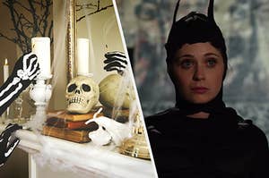A hand lights a tall candle that sits next to a skull and a close up of Jess Day dressed as Batman