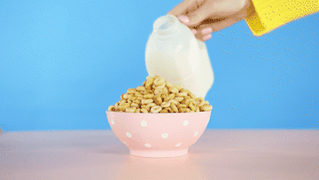 whole jug of milk being poured into a bowl of cereal