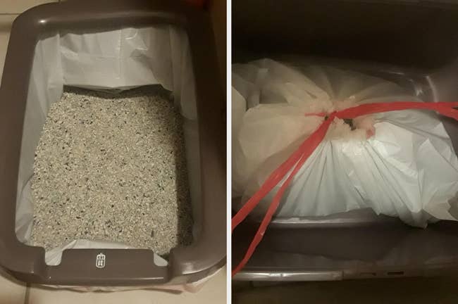 On the left, a litter box with a liner installed, and on the right, the liner with the drawstring tied and ready to take out