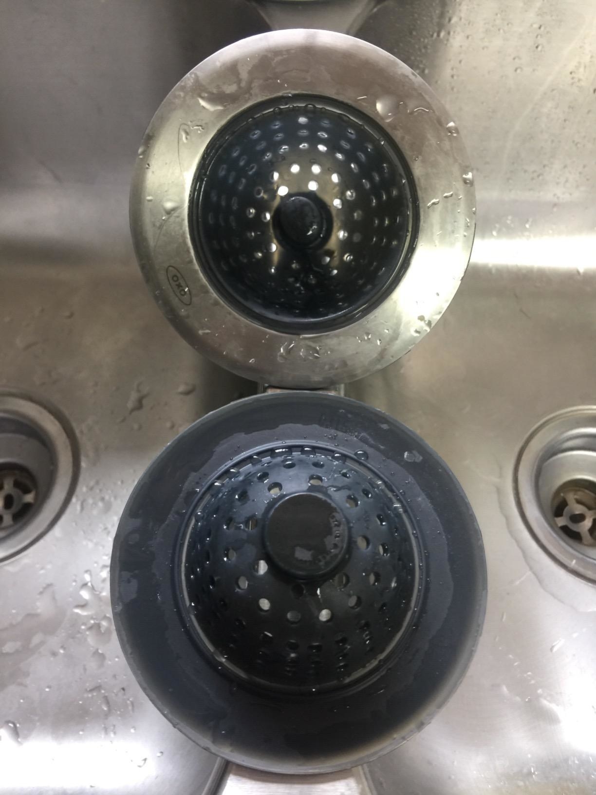Reviewer photo of a strainer in its natural state above a strainer in its inverted state