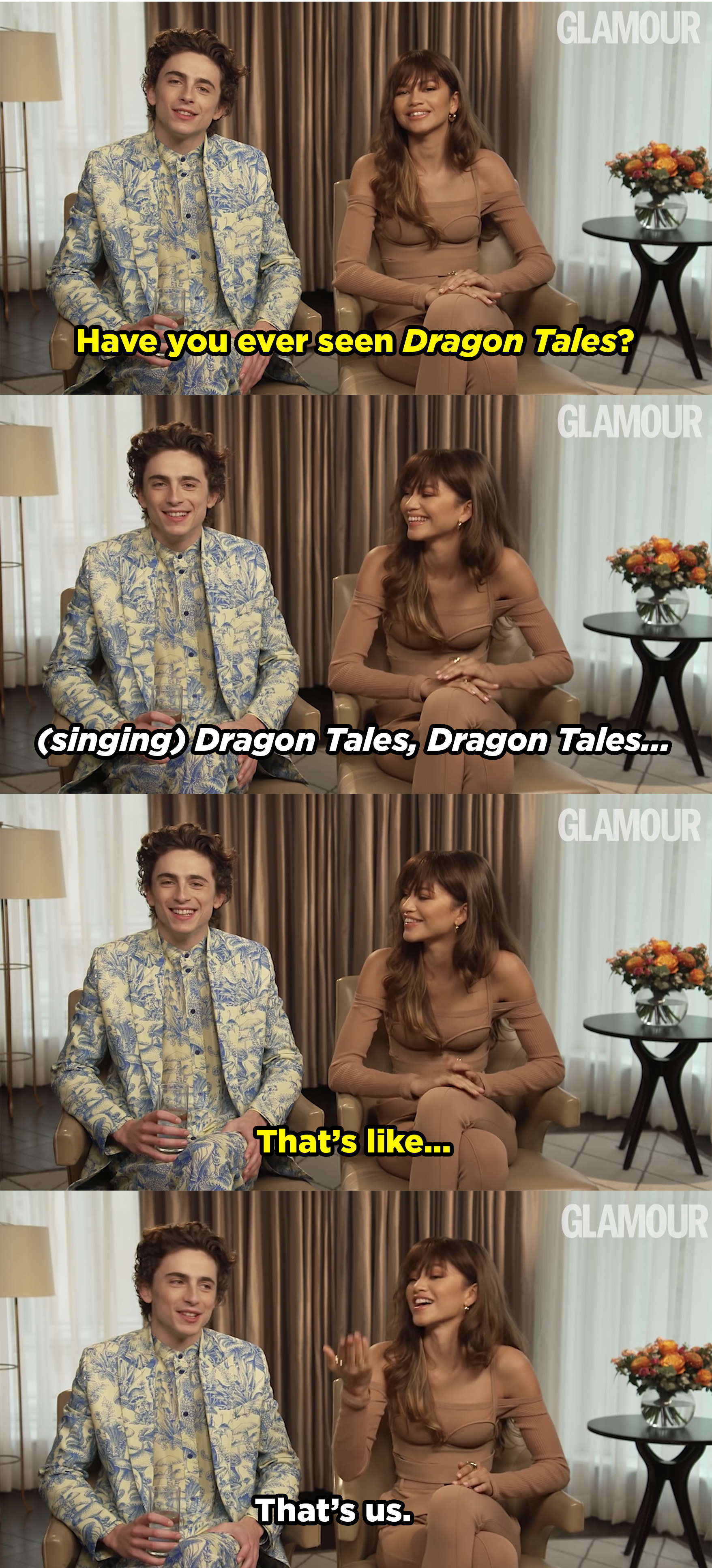 Timmy says &quot;Have you ever seen Dragon Tales&quot; and Zendaya begins to sing the theme song. Then they say, &quot;That&#x27;s us.&quot;