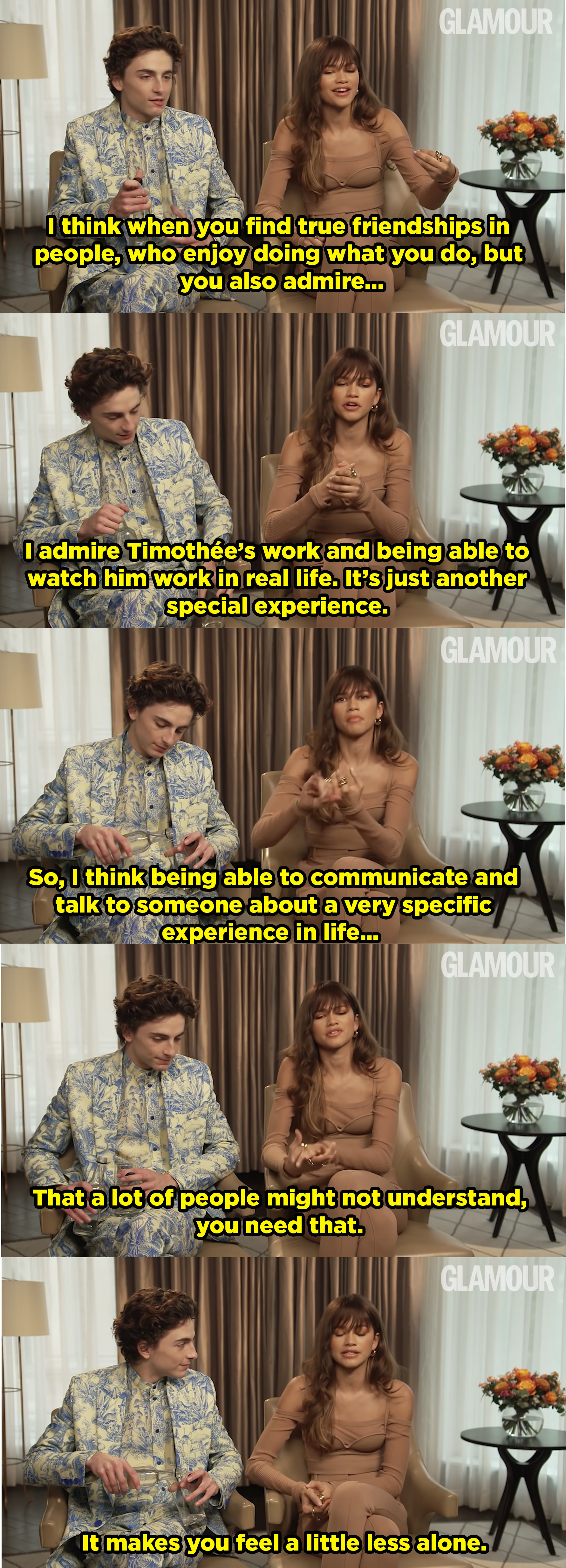 Zendaya talks about how being friends with Timmy makes her feel less alone. Meanwhile Timmy is trying to pour a glass of water without disrupting but makes it even more awkward because he&#x27;s trying not to be awkward.