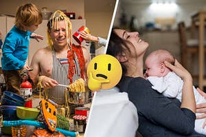 La mitad izquierda tiene una persona embarrada en pasta en la cocina y niñxs jugando a su alrededor, la mitad derecha tiene a una persona cargando a un bebé
