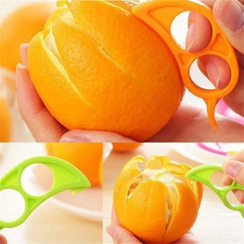 hand slicing a peeled orange with the orange tool