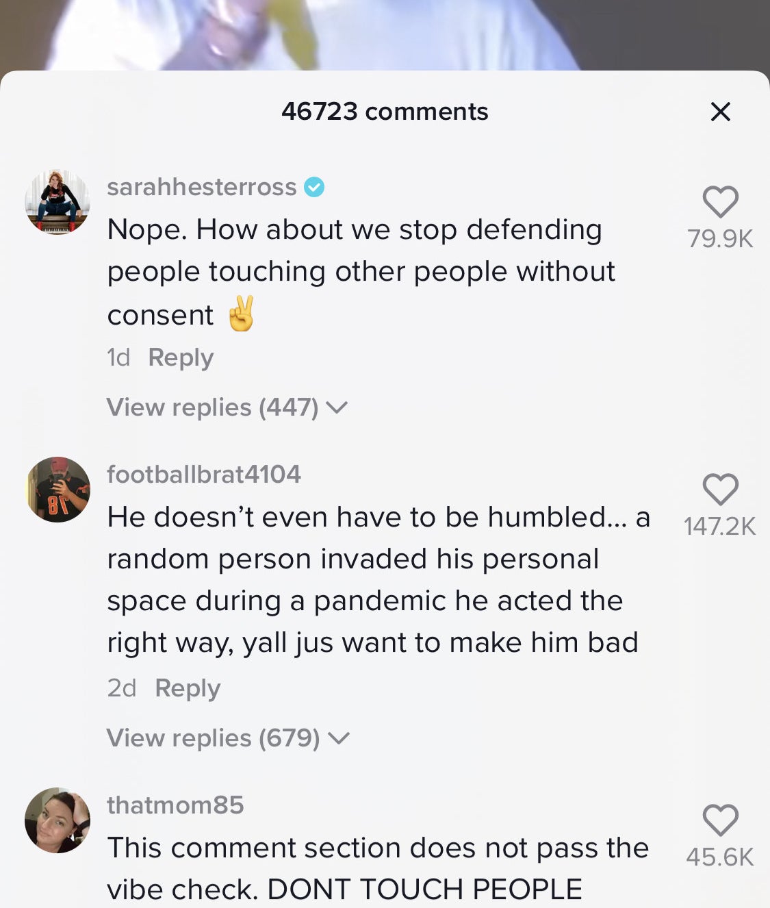 Screenshot of TikTok comments, with the first reading, &quot;Nope How about we stop defending people touching other people without consent ✌️&quot;