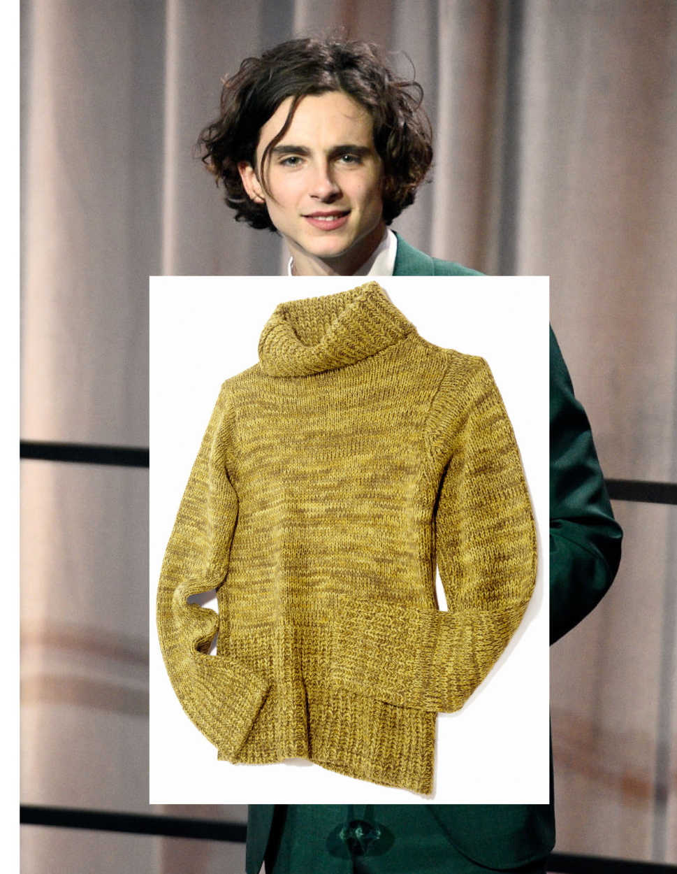 A photo of Timmy&#x27;s head above a chartreuse turtleneck sweater
