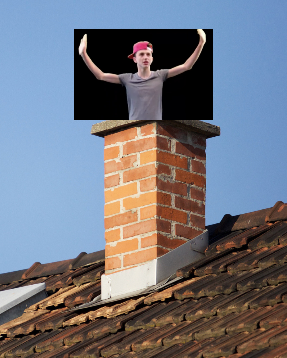 A photo of rapping Lil&#x27; TImmy Tim emerging from a chimney