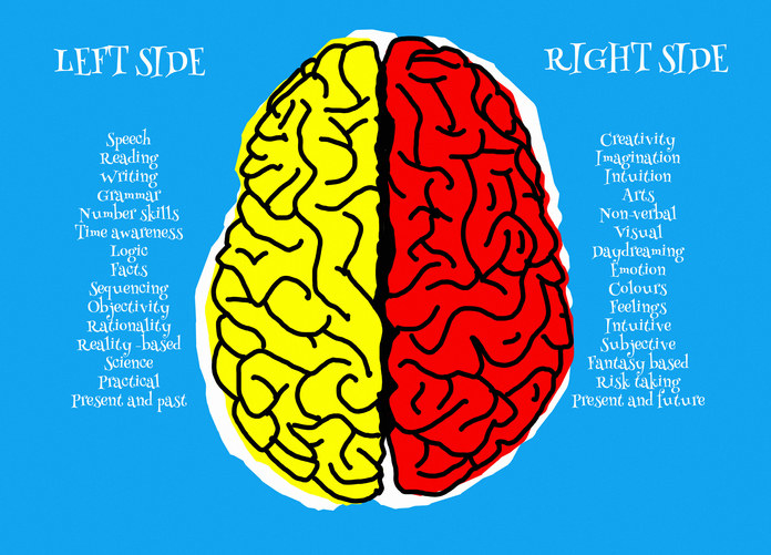 Left and right side of the human brain illustration listing abilities on either side