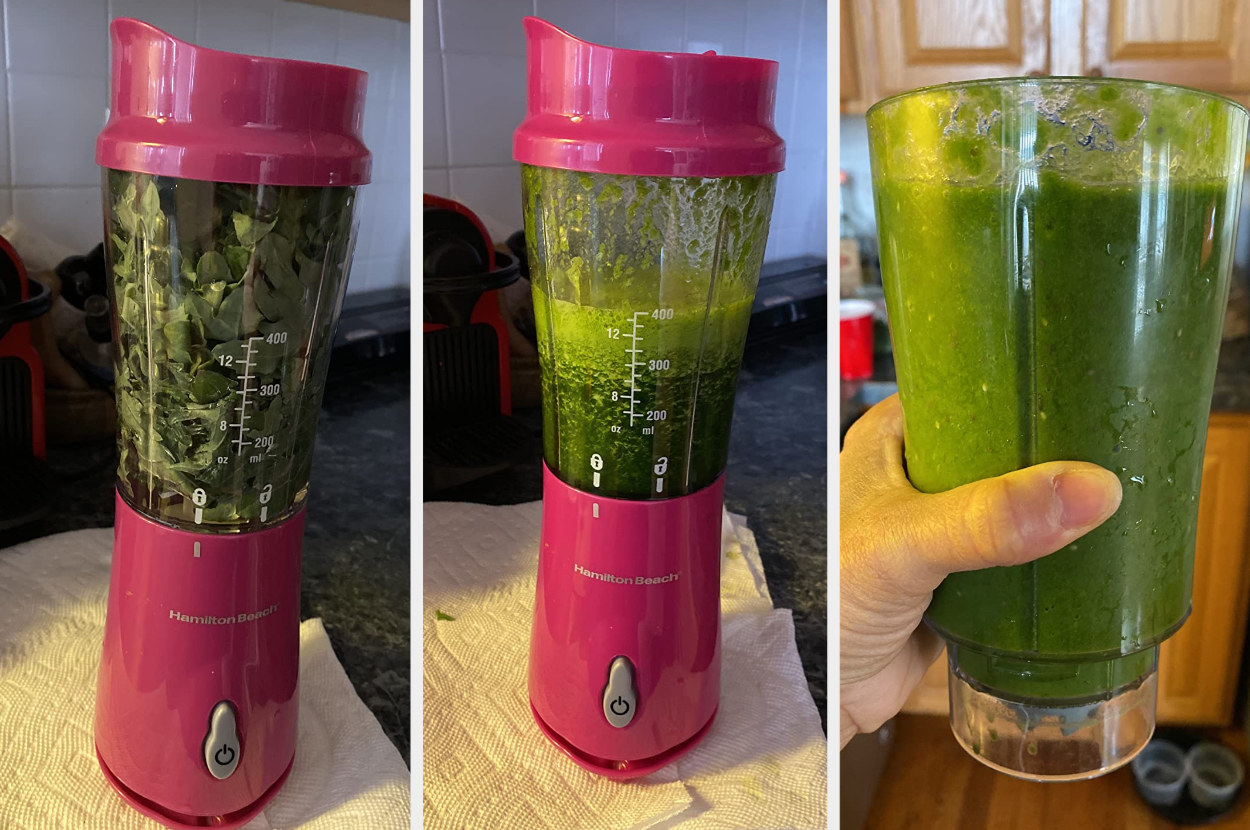three reviewer photos of greens in the pink personal cup-size blender. The first is uncut greens, the second is mid-blend, and third is the reviewer holding the final green juice