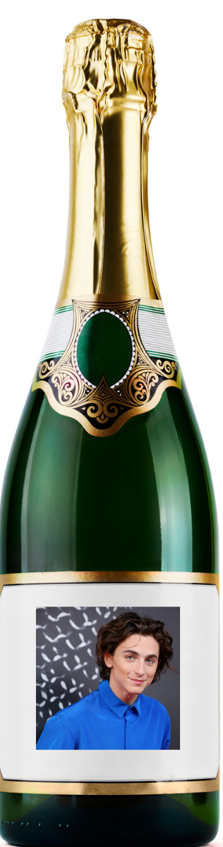 A bottle of champagne with Timmy&#x27;s smiling face superimposed on the label