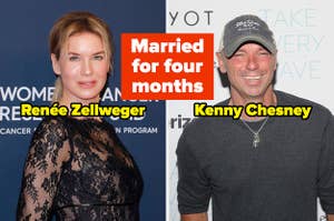 Renée Zellweger and Kenny Chesney with text in between, "Married for four months"