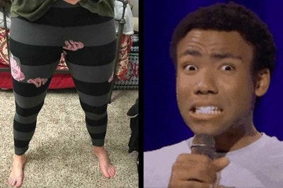 A pair of leggings have a hand designed on the crotch and a photo of a man grimacing is next to it