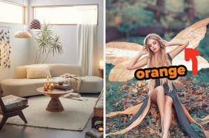 On the left, a simple, bright living room with a couch on the side and a round coffee table in the middle, and on the right, a fairy sitting in a pile of leaves with an arrow pointing to their wings and orange typed next to them