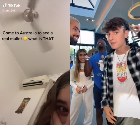 A TikTok duet; on the left a girl is watching with text saying &quot;Come to Australia to see a real mullet; what is THAT&quot;; on the right Bryce Hall is showing off his &#x27;mullet&#x27;