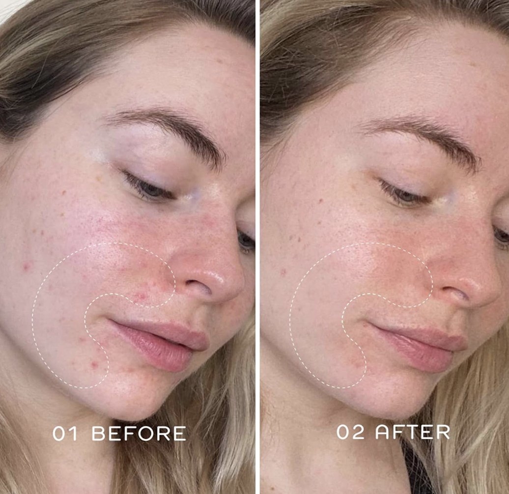 a before and after of a person using this toner