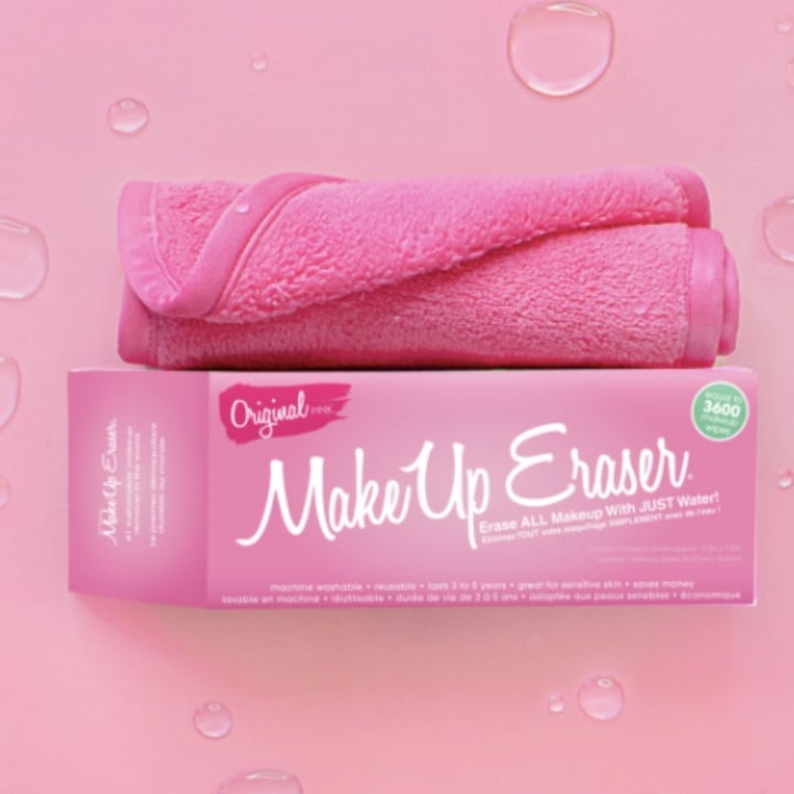 A pink makeup eraser towel