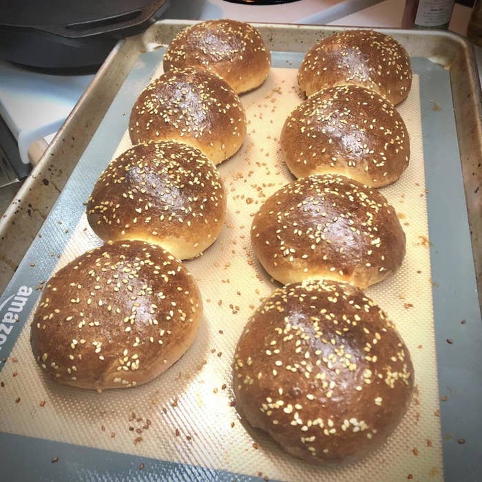 A reviewer&#x27;s homemade hamburger buns on the baking mat