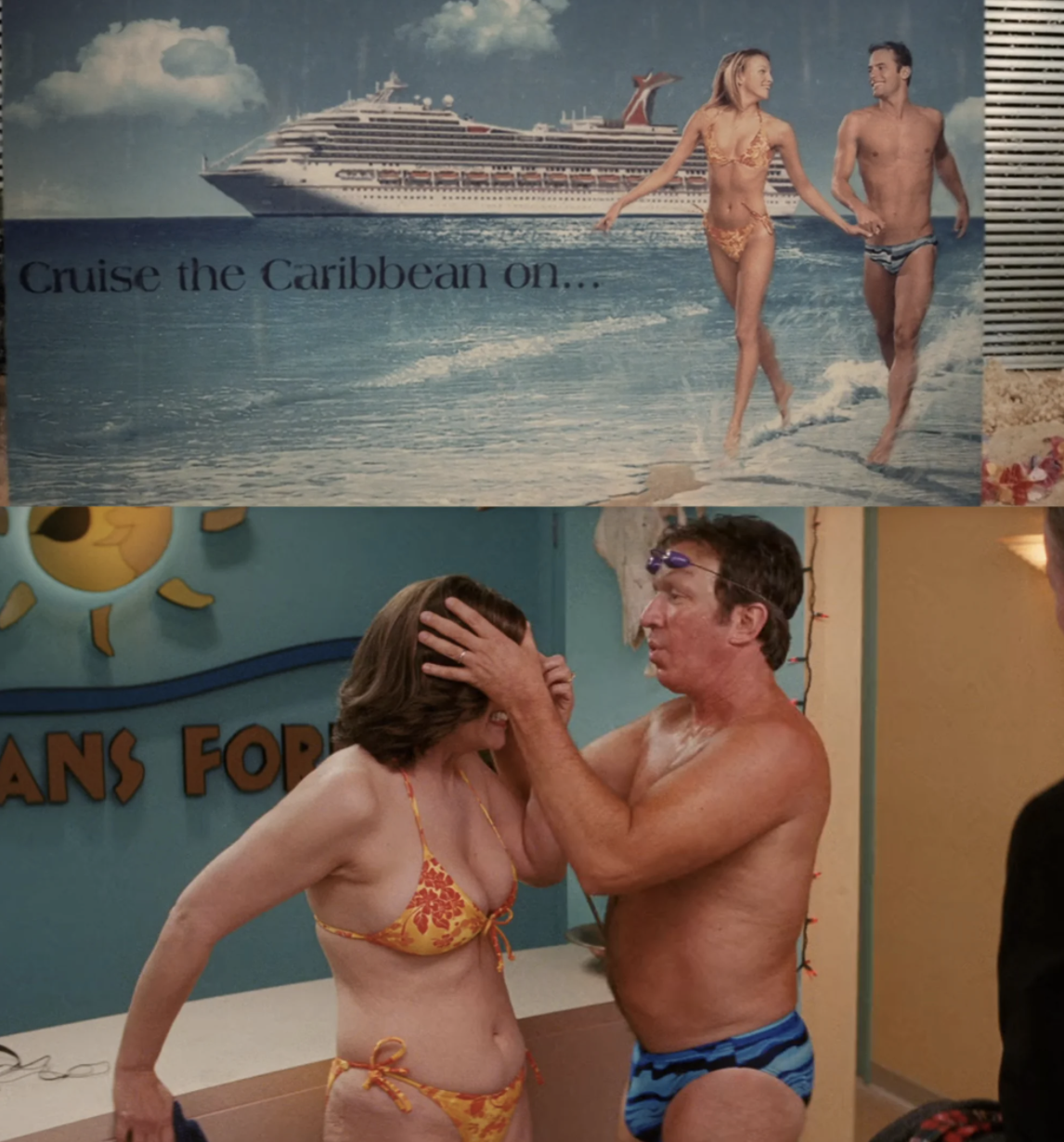 Image of Jamie Lee Curtis and Tim Allen wearing the same swimsuits as a couple on a cruise poster