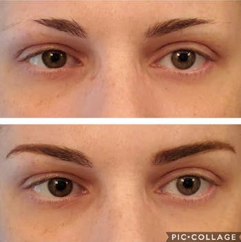 top: a reviewers eyebrows with many of the outer hairs gone, bottom: the same reviewer after using the stencil to fill in their brows